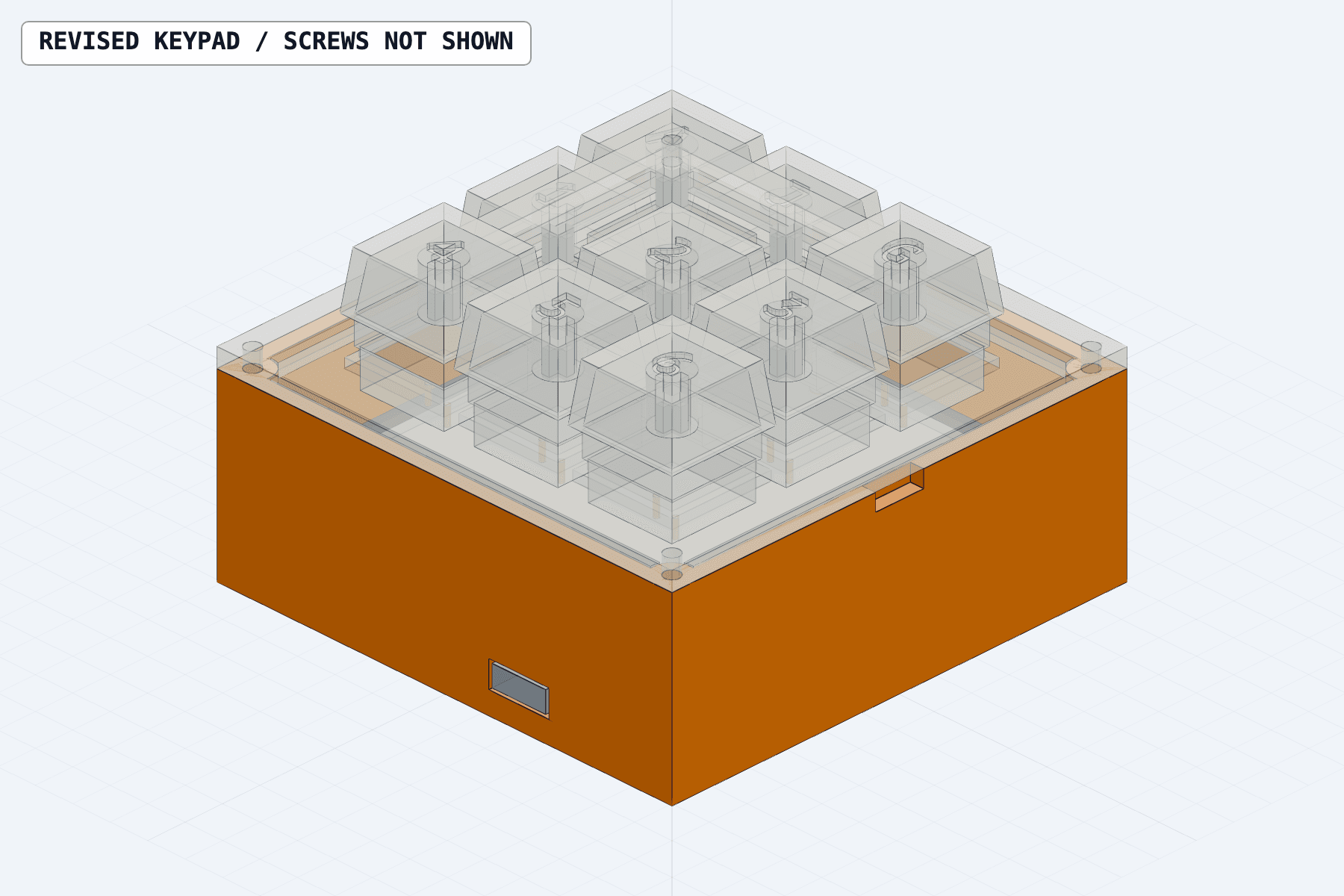 CAD assembly of tinykeys with its translucent plate and keycaps.