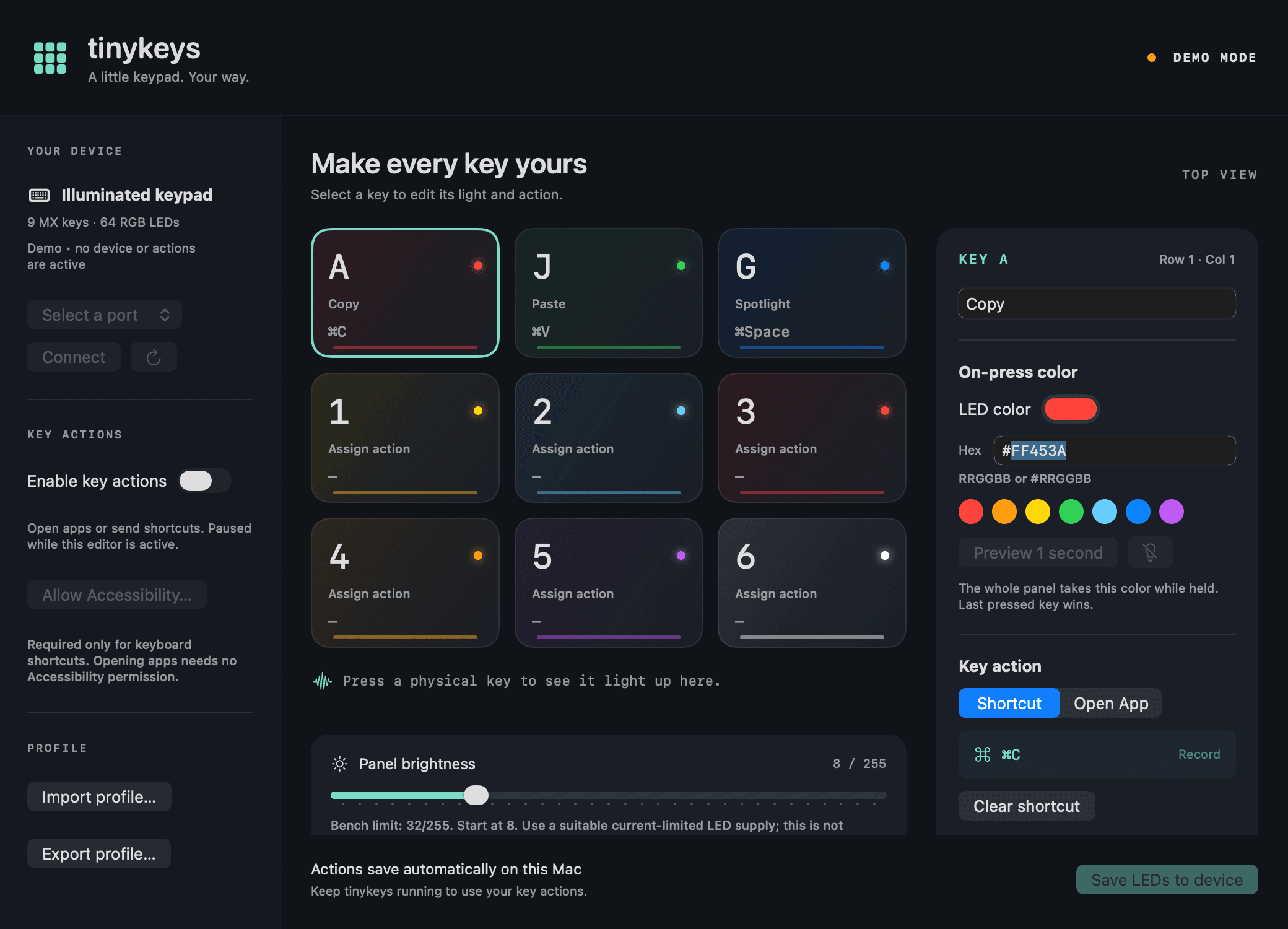 tinykeys Mac app showing key assignments and color controls.